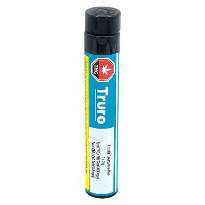 Tall vertical view of a black-capped tube labeled Truro Truffle Treats PR 1 x 0.5 g with a blue, white, and yellow warning-striped label.