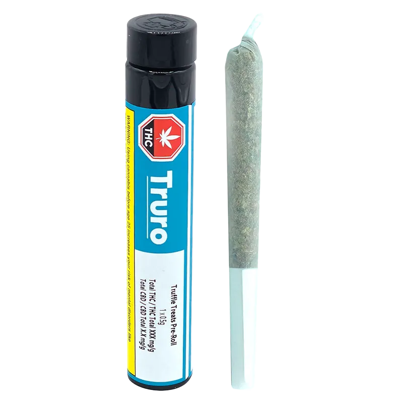 Vertical studio shot of a Truro Truffle Treats PR 1 x 0.5 g tube standing beside its pre-rolled joint against a white background.