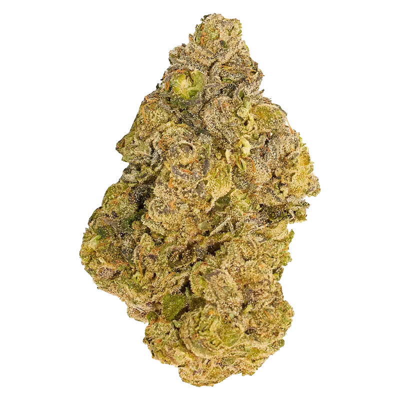 Close-up top-down view of a single dense nugget of Cherry Ztripez showing green and amber tones dusted with frosty trichomes.