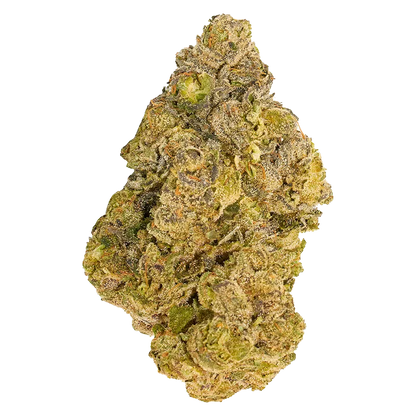Close-up top-down view of a single dense nugget of Cherry Ztripez showing green and amber tones dusted with frosty trichomes.