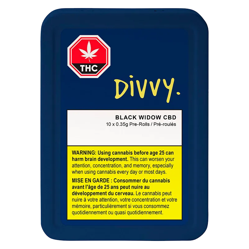 Top-down view of a navy tin labeled "Black Widow CBD PR 10 x 0.35 g" with Divvy logo and a yellow bilingual warning panel.