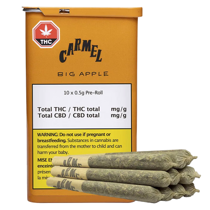 Front-facing shot of a golden tin labeled Big Apple PR 10 x 0.5 g with a stack of five pre-rolled joints resting at its base.