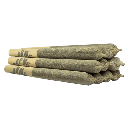 Angled close-up of three stacked Big Apple PR 10 x 0.5 g pre-rolled joints on a white background showing twisted tips and branded paper tubes.