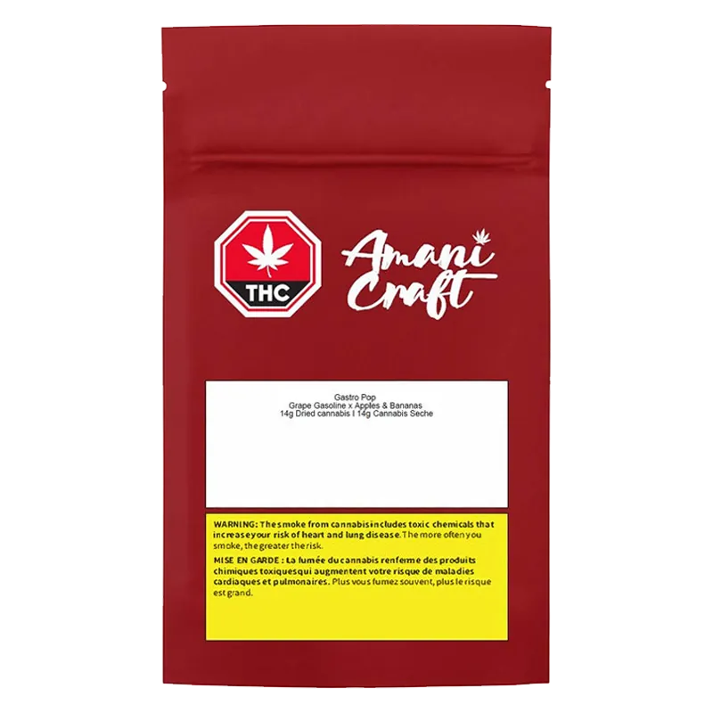 Front-facing image of the red Gastro Pop pouch showing the Amani Craft logo, THC symbol, and a white label panel.