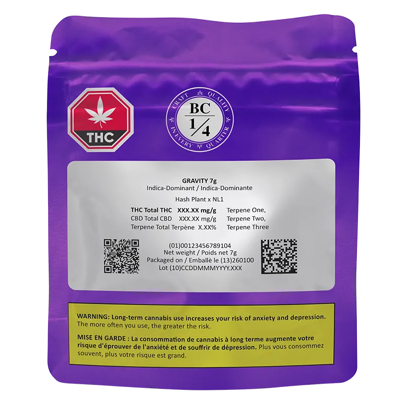 Rear view of the purple Gravity pouch showing labels, THC symbol, BC 1/4 seal, and a white panel of product and warning text.