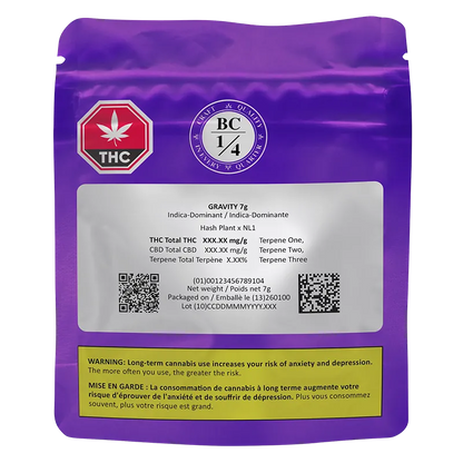 Rear view of the purple Gravity pouch showing labels, THC symbol, BC 1/4 seal, and a white panel of product and warning text.