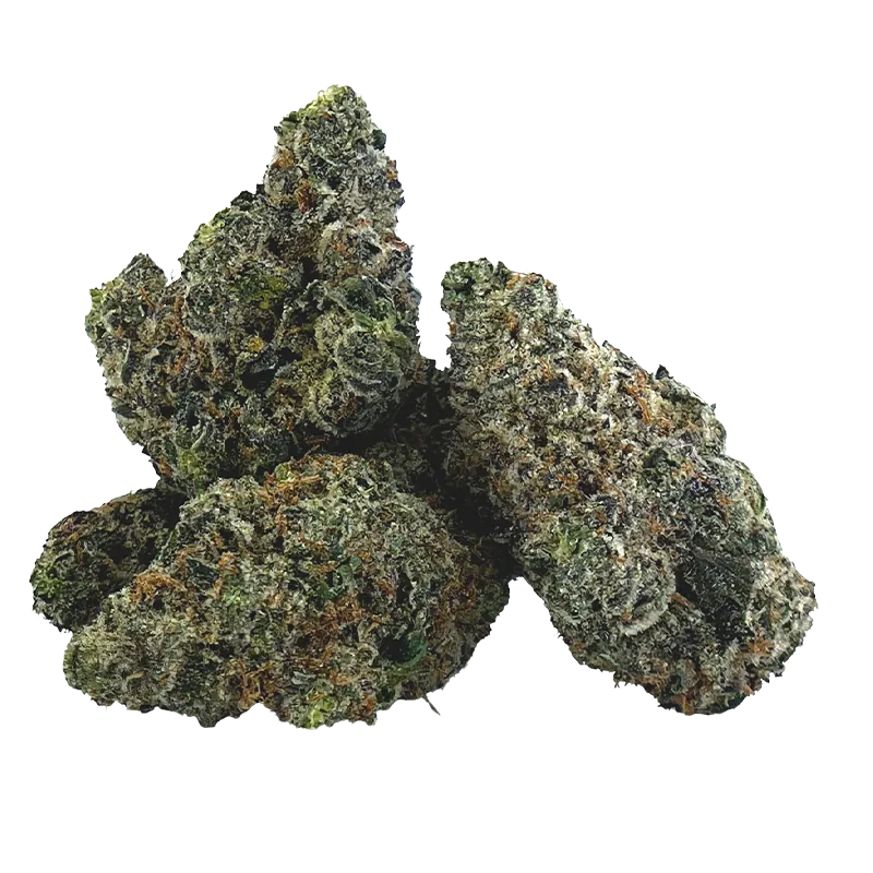 Close-up of frosty green and amber nugs arranged in a small pile, showing dense trichomes on the Gravity.