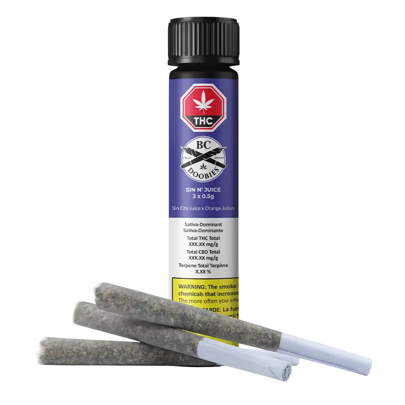 Tall front view of a purple tube and three pre-rolled joints in front of it featuring the Sin N' Juice PR 3 x 0.5 g label.