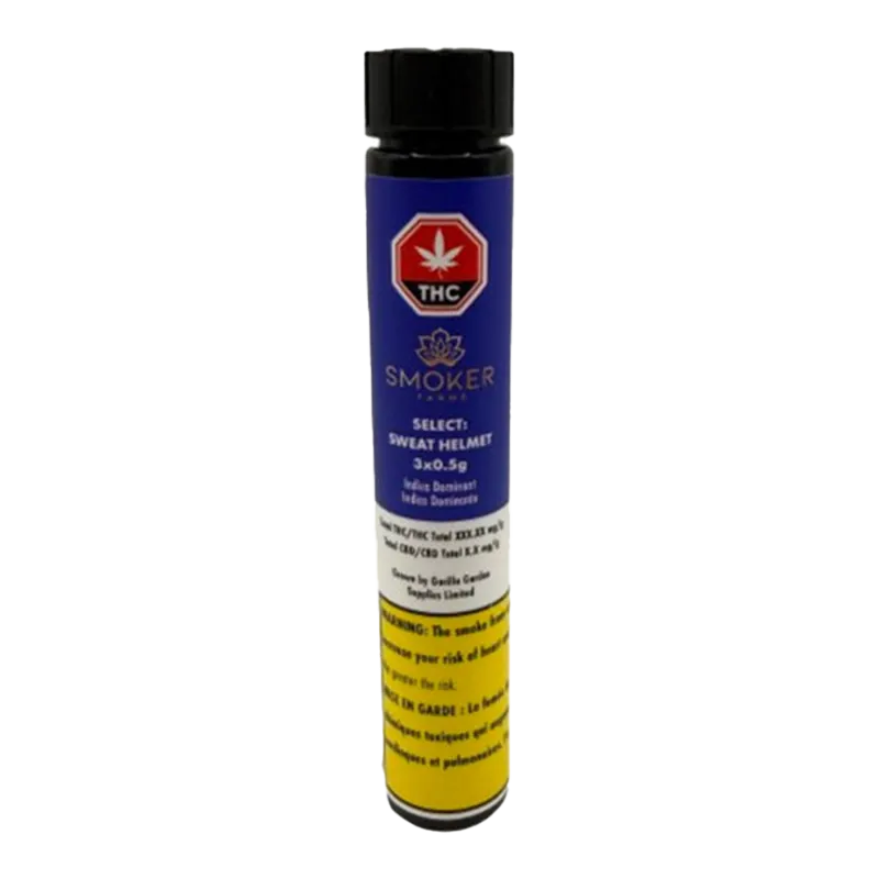 Centered upright tube labeled "Select : Sweat Helmet PR 3 x 0.5 g" with a blue top section, THC symbol, and yellow warning panel at the bottom