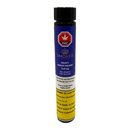 Centered upright tube labeled "Select : Sweat Helmet PR 3 x 0.5 g" with a blue top section, THC symbol, and yellow warning panel at the bottom