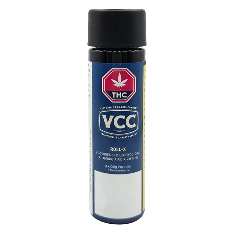 Tall front-facing black and blue tube labeled Roll-X PR 3 x 0.5 g with a VCC logo and THC symbol against a white background.