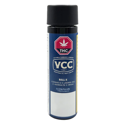 Tall front-facing black and blue tube labeled Roll-X PR 3 x 0.5 g with a VCC logo and THC symbol against a white background.