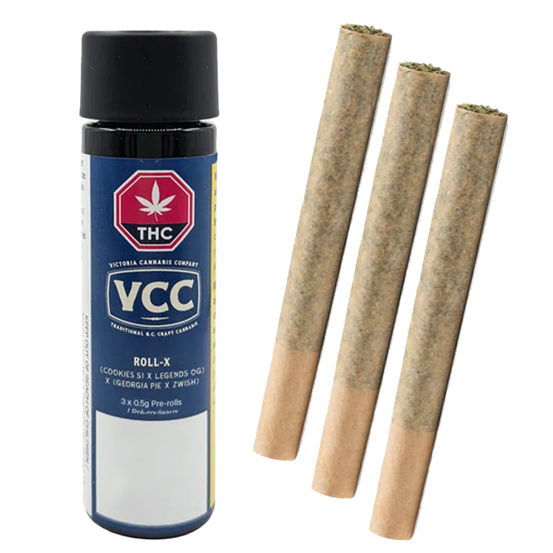 Three pre-rolls standing upright beside a blue canister labeled Roll-X PR 3 x 0.5 g.