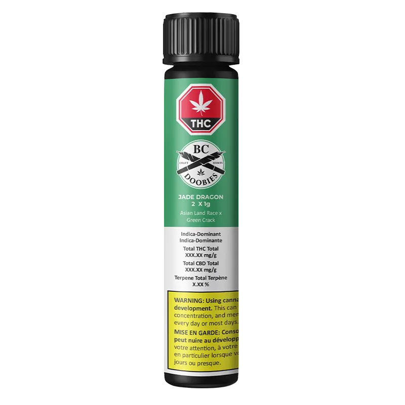 Tall front view of the Jade Dragon PR 2 x 1 g tube with green label, THC symbol, brand crest, and yellow warning panel.
