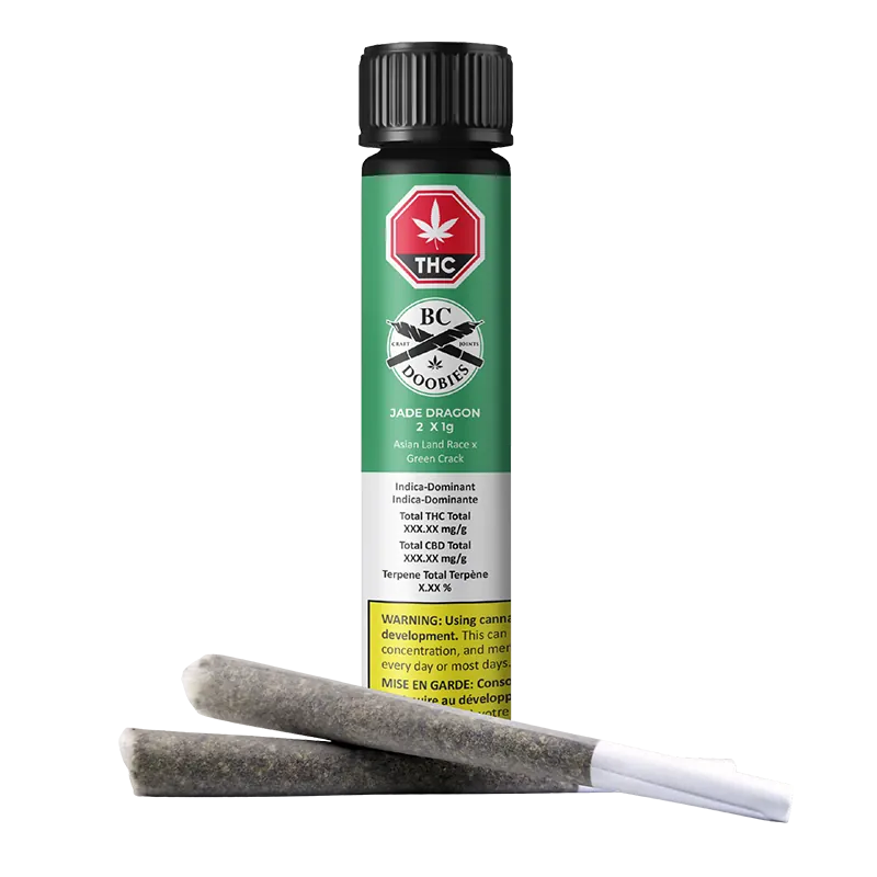 Front view of the Jade Dragon PR 2 x 1 g green tube standing upright with two pre-rolled joints lying diagonally in front.