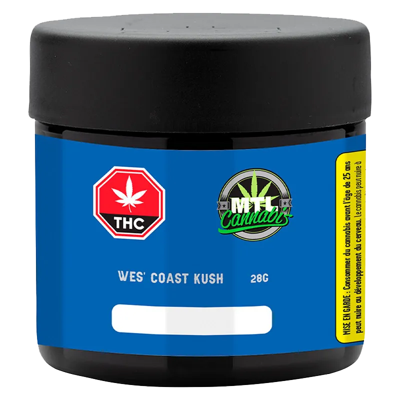 Front-facing jar shot of Wes' Coast Kush with a blue label, black lid, THC symbol and MTL Cannabis logo.