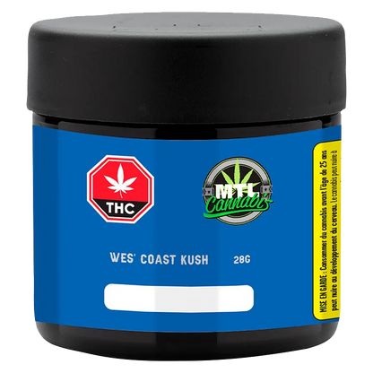 Front-facing jar shot of Wes' Coast Kush with a blue label, black lid, THC symbol and MTL Cannabis logo.