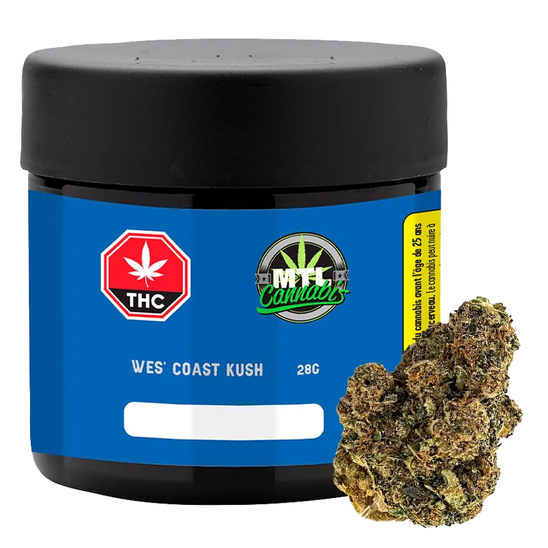 Front-facing shot of a black jar labeled "Wes' Coast Kush" with a blue wraparound label and a cannabis bud resting at the jar's base.