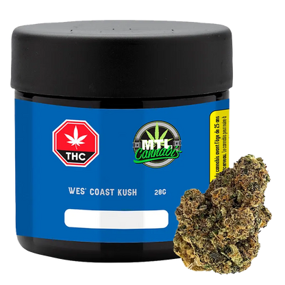 Front-facing shot of a black jar labeled "Wes' Coast Kush" with a blue wraparound label and a cannabis bud resting at the jar's base.