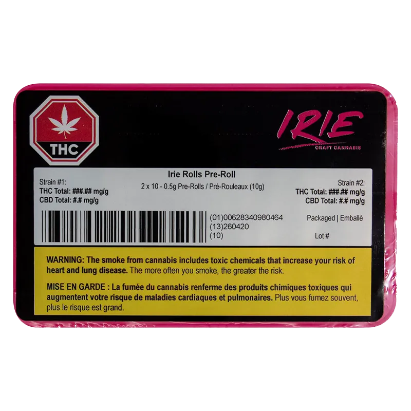 Top-down view of a black and pink tin labeled Irie Rolls PR 20 x 0.5 g with a white product sticker, barcode and a yellow bilingual warning panel.