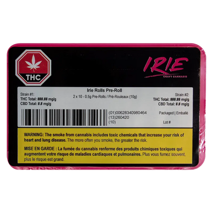 Top-down view of a black and pink tin labeled Irie Rolls PR 20 x 0.5 g with a white product sticker, barcode and a yellow bilingual warning panel.