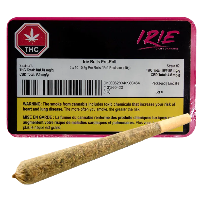 Angled close-up of a single rolled joint in front of a pink-bordered Irie Rolls PR 20 x 0.5 g tin showing warning label and logo.