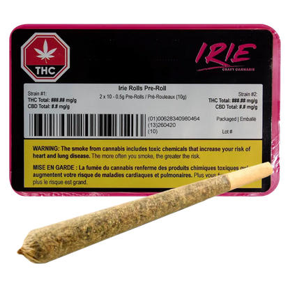 Angled close-up of a single rolled joint in front of a pink-bordered Irie Rolls PR 20 x 0.5 g tin showing warning label and logo.