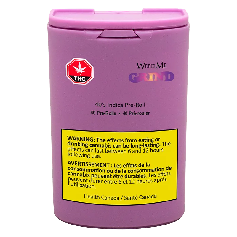 Front-facing shot of the purple 40's PR 40 x 0.5 g canister with weedme grind branding and a yellow warning label visible.
