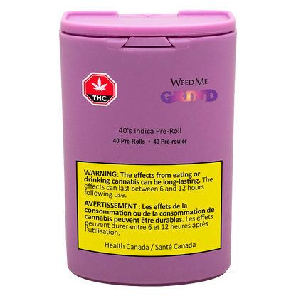 Front-facing shot of the purple 40's PR 40 x 0.5 g canister with weedme grind branding and a yellow warning label visible.