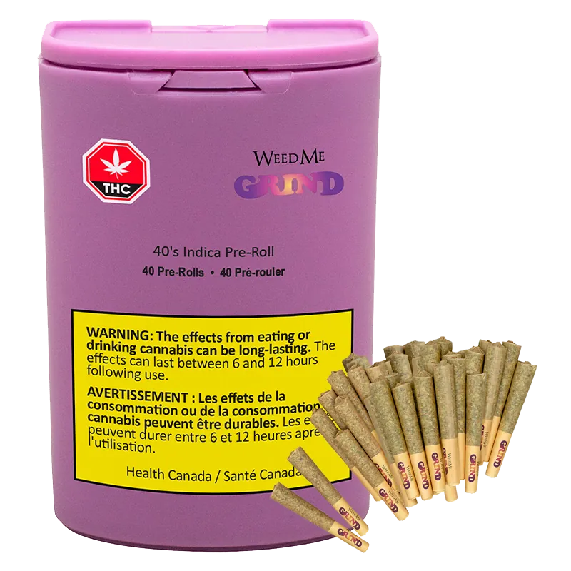 Front view of the purple 40's PR 40 x 0.5 g canister with WeedMe Grind branding and a fan of pre-rolls at its base.