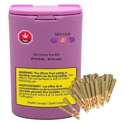 Front view of the purple 40's PR 40 x 0.5 g canister with WeedMe Grind branding and a fan of pre-rolls at its base.
