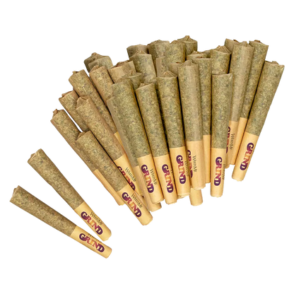 Top-down view of a fanned arrangement of pre-rolled joints labeled "40's PR 40 x 0.5 g" showing brown paper tips and greenish herb-filled rolls.