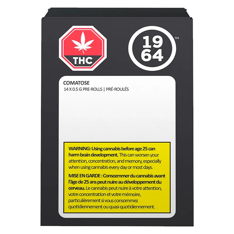 Front-facing image of the Comatose PR 14 x 0.5 g black box with bold THC and 1964 logos and a yellow warning label.