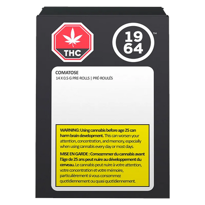 Front-facing image of the Comatose PR 14 x 0.5 g black box with bold THC and 1964 logos and a yellow warning label.