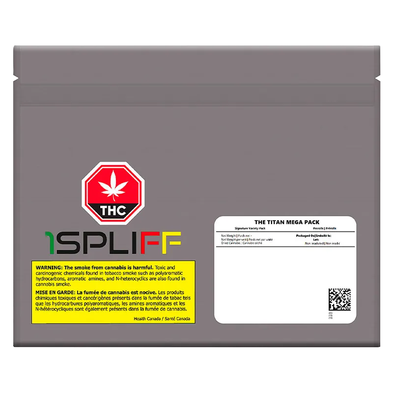 Front-facing shot of a gray resealable pouch labeled The Titan Mega Pack PR 60 x 0.5 g with a red THC stop sign logo and a yellow warning box.