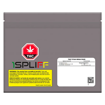 Front-facing shot of a gray resealable pouch labeled The Titan Mega Pack PR 60 x 0.5 g with a red THC stop sign logo and a yellow warning box.