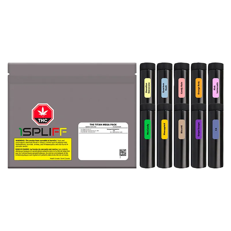 Front-facing image of The Titan Mega Pack PR 60 x 0.5 g showing a gray resealable pouch beside ten black cylindrical tubes with colorful rectangular labels.