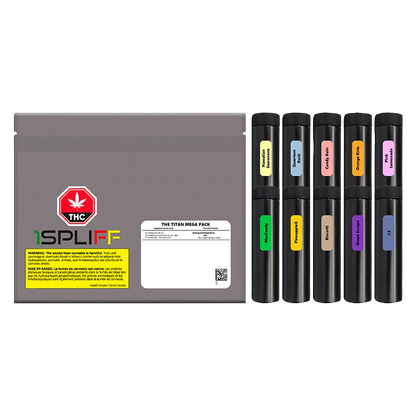Front-facing image of The Titan Mega Pack PR 60 x 0.5 g showing a gray resealable pouch beside ten black cylindrical tubes with colorful rectangular labels.