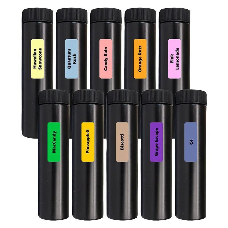 Grid of eleven black cylindrical tubes labeled with colored name stickers, shown front-on, titled The Titan Mega Pack PR 60 x 0.5 g.