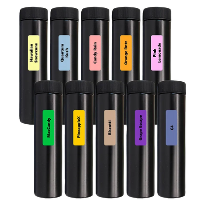 Grid of eleven black cylindrical tubes labeled with colored name stickers, shown front-on, titled The Titan Mega Pack PR 60 x 0.5 g.