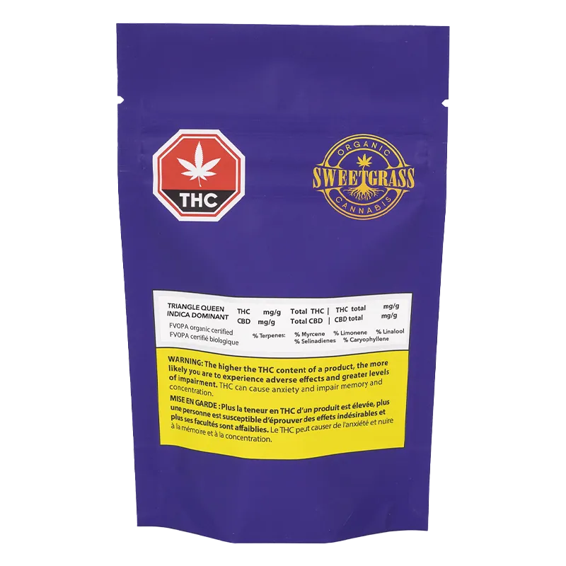 Rear view of the purple SweetGrass Triangle Queen Petites pouch showing THC warning labels and the brand logo centered near the top