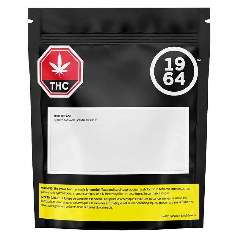 Front-facing shot of the Black bag labeled "Blue Dream" showing a white product label, red THC octagon, and yellow health warning.
