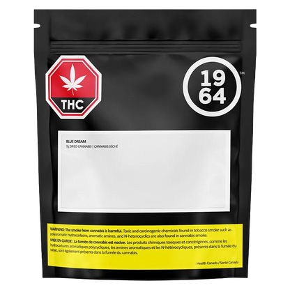 Front-facing shot of the Black bag labeled "Blue Dream" showing a white product label, red THC octagon, and yellow health warning.