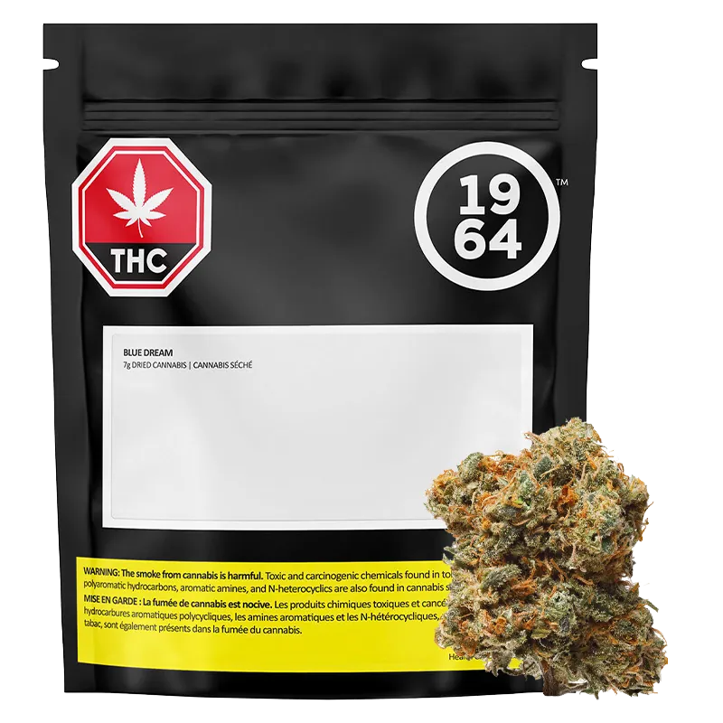Front-facing image of the 1964 Blue Dream pouch with a 7 g bud shown at lower right against a white background.