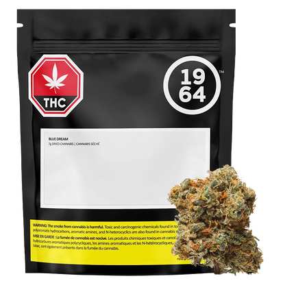 Front-facing image of the 1964 Blue Dream pouch with a 7 g bud shown at lower right against a white background.