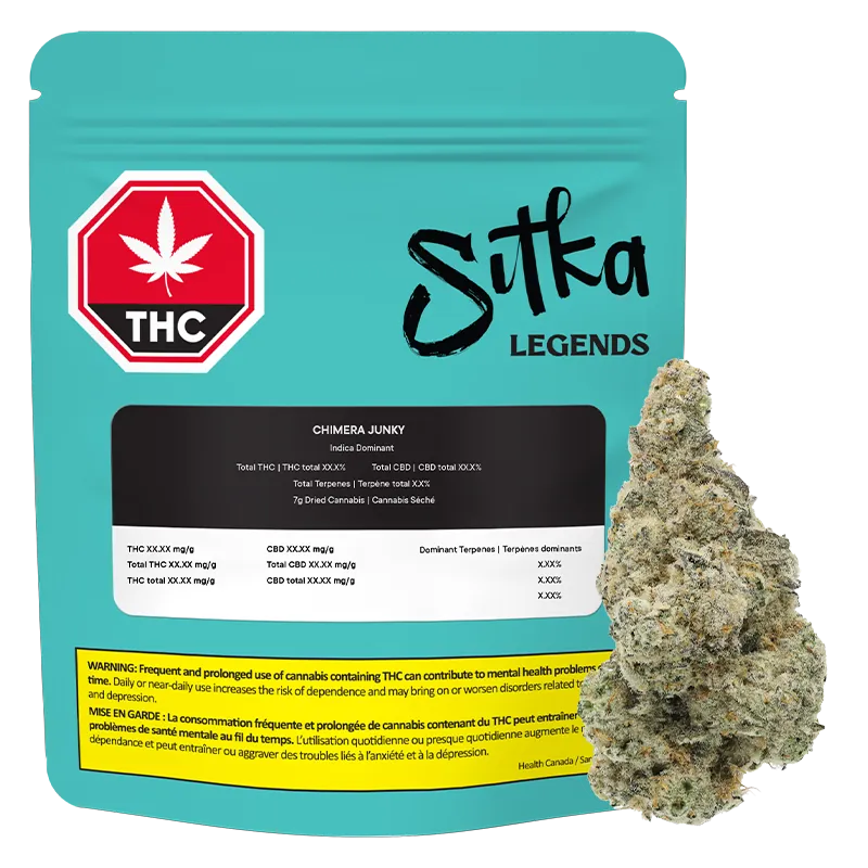 Front-facing turquoise pouch and a close-up bud to its right labeled "Sitka Legends Chimera Junky" with a THC warning strip along the bottom.