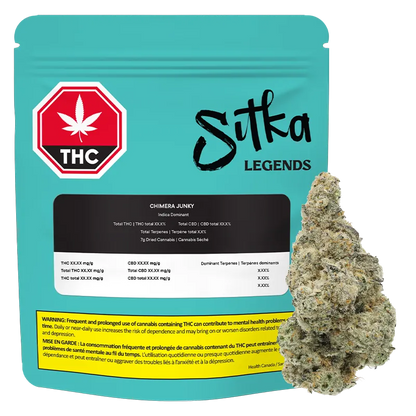 Front-facing turquoise pouch and a close-up bud to its right labeled "Sitka Legends Chimera Junky" with a THC warning strip along the bottom.