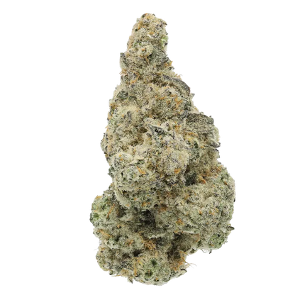 Close-up front view of a frosty, light-green nugget of Chimera Junky against a white background.