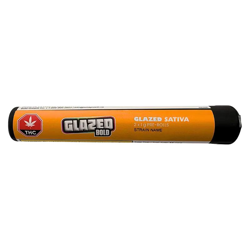 Horizontal studio shot of the Glazed PR 2 x 1 g tube with an orange label, black caps, and bold "Glazed" logo centered.