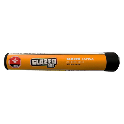 Horizontal studio shot of the Glazed PR 2 x 1 g tube with an orange label, black caps, and bold "Glazed" logo centered.